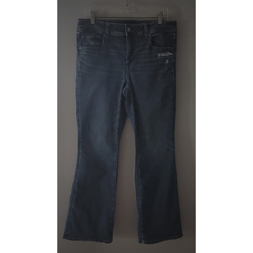 American Eagle Kick Boot Jeans Size 12 Short Blue Dark Wash Distressed Stretch‎